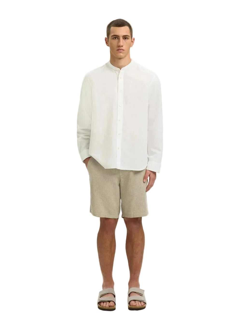 Regular Clay Linen Blend LS Band Shirt